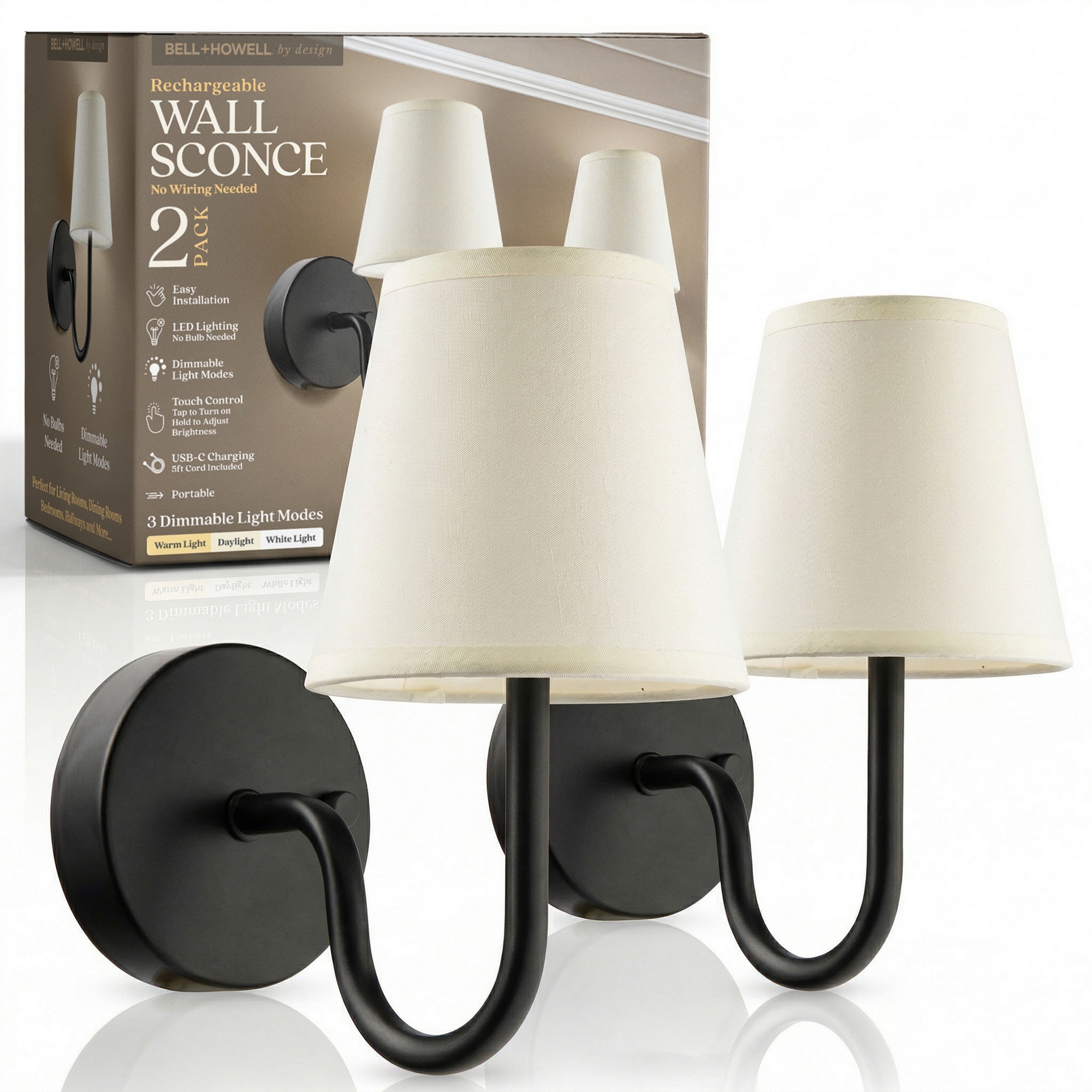 Bell + Howell Wall Light Smooth 2 Pack Rechargeable LED Wall Sconces Cordless Dimmable Touch Control Wall Lights Black