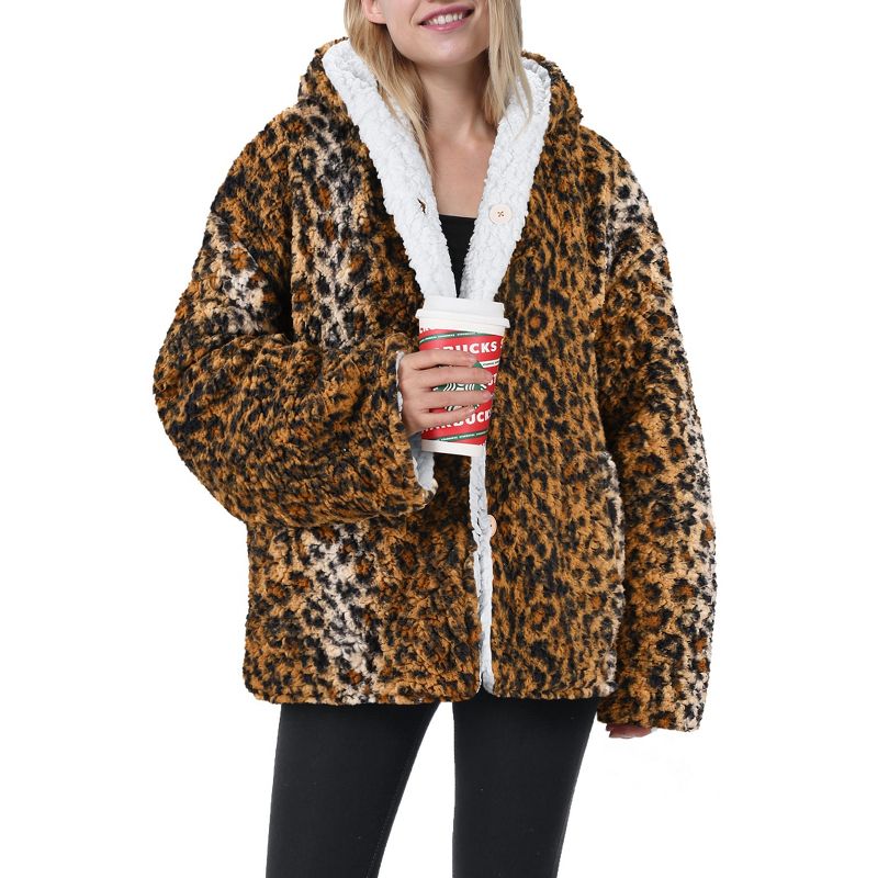 Tirrinia Leopard Fleece Hooded Jacket for Women, Super Soft Comfy Plush Reversible Casual Winter Blanket Warm Jackets Hoodie Cheetah Sweatshirt, 1 of 6