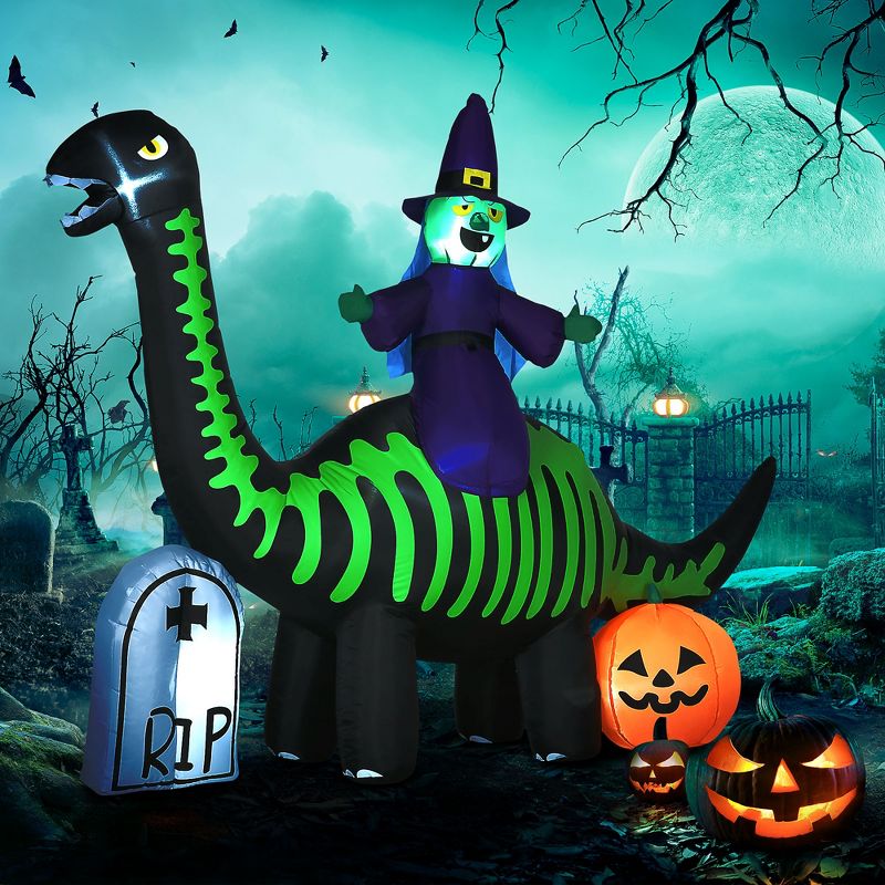 HOMCOM 8FT Halloween Inflatables Skeleton Dinosaur with Witch, Pumpkin, Outdoor Decorations with LED Lights, 3 of 8
