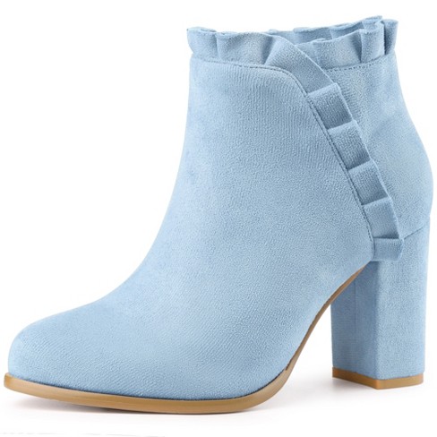 Perphy Women's Ruffle Round Toe Zippered Chunky High Heel Ankle Boots ...