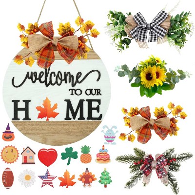 Attop White Interchangeable Welcome Signs Complete Set with 14 Icons and 4 Seasonal Wreaths - Rustic Farmhouse Wood Decor for Front Doors and Porches