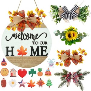 Attop White Interchangeable Welcome Signs Complete Set with 14 Icons and 4 Seasonal Wreaths - Rustic Farmhouse Wood Decor for Front Doors and Porches - 1 of 4