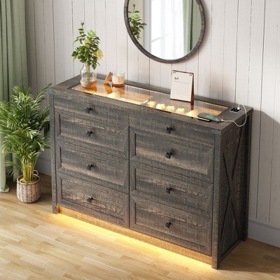Fredees Farmhouse Dresser for Bedroom, 8-Drawer Wood Chest with LED Light, Charging Station & Human Sensor for Closet, Living Room, Hallway,Brown