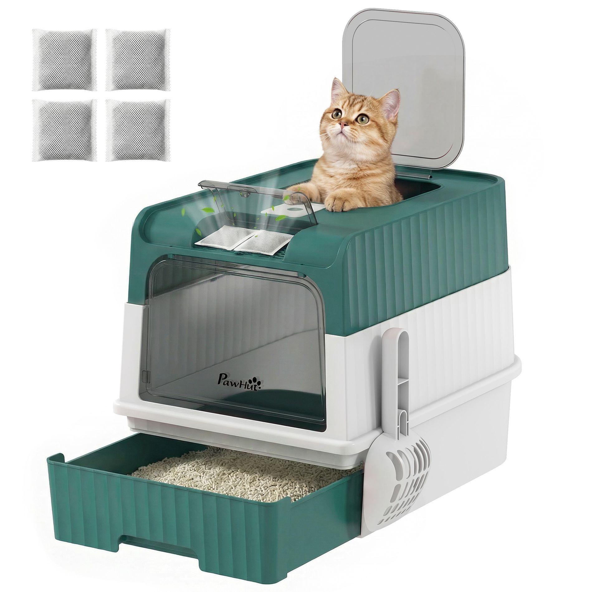 PawHut Cat Litter Box, Hooded Cat Litter Tray with Drawer Pan, 4 Deodorization Bags, Easy to Clean, Teal