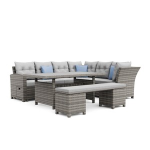 Greemotion 6pc Malia Outdoor Patio Dining Sectional with Table And Bench Gray: UV-Resistant, Aluminized Finish, Storage - 1 of 4