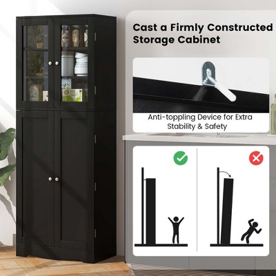 Black Tall Kitchen Pantry Storage Cabinet with Glass Doors