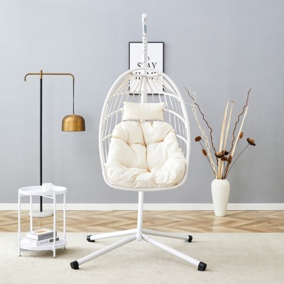 VisioGear Egg Chairs, Patio Egg Chair with Stand, Patio Foldable Egg Chair for Bedroom Living Room Balcony, White, 37"*36.61"*78.74"