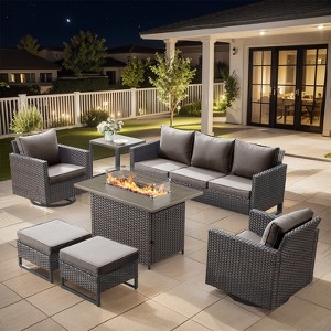 Buenhomino 7PCS Outdoor Patio Furniture Set,PE Wicker Patio Conversation Sets with 41" 50000BTU Fire Pit Table,Swivel Rocking Chairs Set - 1 of 4