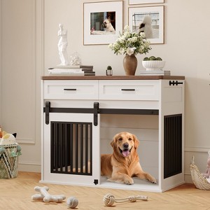 Wooden Dog Crate End Table - 44.5'' Furniture-Style Kennel w/ Barn Door & Storage Drawer for Small/Medium Dogs - 1 of 4