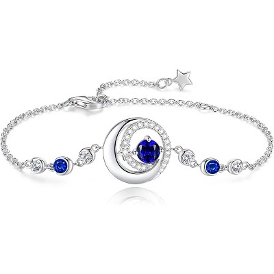 Moon & Star Birthstone Bangle, Sterling Silver Adjustable Charm Bracelet, Birthday Anniversary Christmas Gift for Women