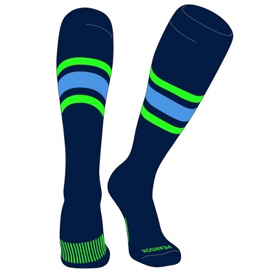 PEAR SOX Striped OTC Baseball, Softball, Football Socks (B) Navy, Neon Green, Sky Blue
