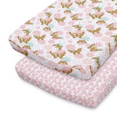 The Peanutshell Changing Pad Covers - Pink and Gold Butterfly/Pink Ditsy Floral 2pk