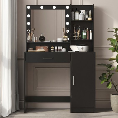 Ridstar 35.4 in. W Three-Tier Storage Vanity Tables with Mirror & Large Drawers for Bedroom-Black