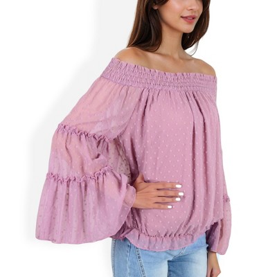 Anna-Kaci Women's Off-Shoulder Bell Sleeve Top with Textured Dobby Pattern