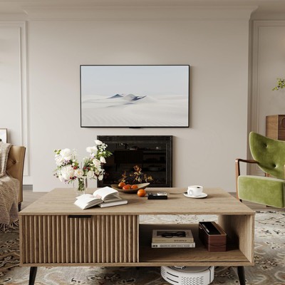 Coffee Table, 41.34" Wooden Coffee Table with Storage Cabinet, Two-Tier Design, Wave-Style Sliding Doors