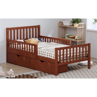 Vynxaria Twin Size Wood Platform Bed with Guardrails and Two Storage Drawers in White