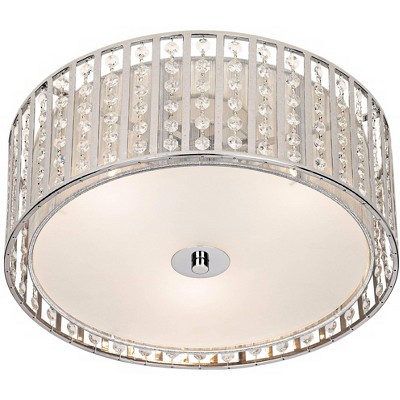 Possini Euro Design Modern Ceiling Light Flush Mount Fixture 15 3/4" Wide Chrome Crystal Strands Silver Silk Drum Shade for Bedroom Living Room House