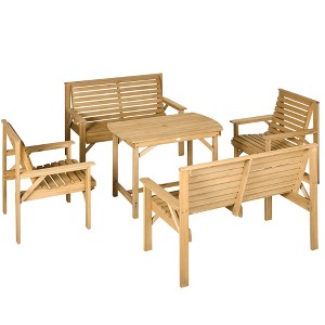 Outsunny 5 Piece Patio Furniture, 6 Seat Outdoor Dining Set, Natural Wood Dinner Table, 2 Chairs, Loveseats with Armrests & Umbrella Hole, Light Brown - 1 of 4