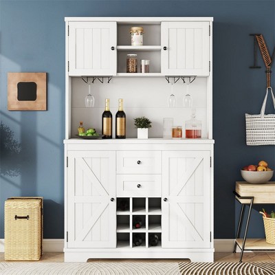 73.8" Tall Kitchen Pantry Storage Cabinet, Coffee Bar Wine Cabinet with Wine Glass Rack, Freestanding Kitchen Hutch Cabinet for Dining Room