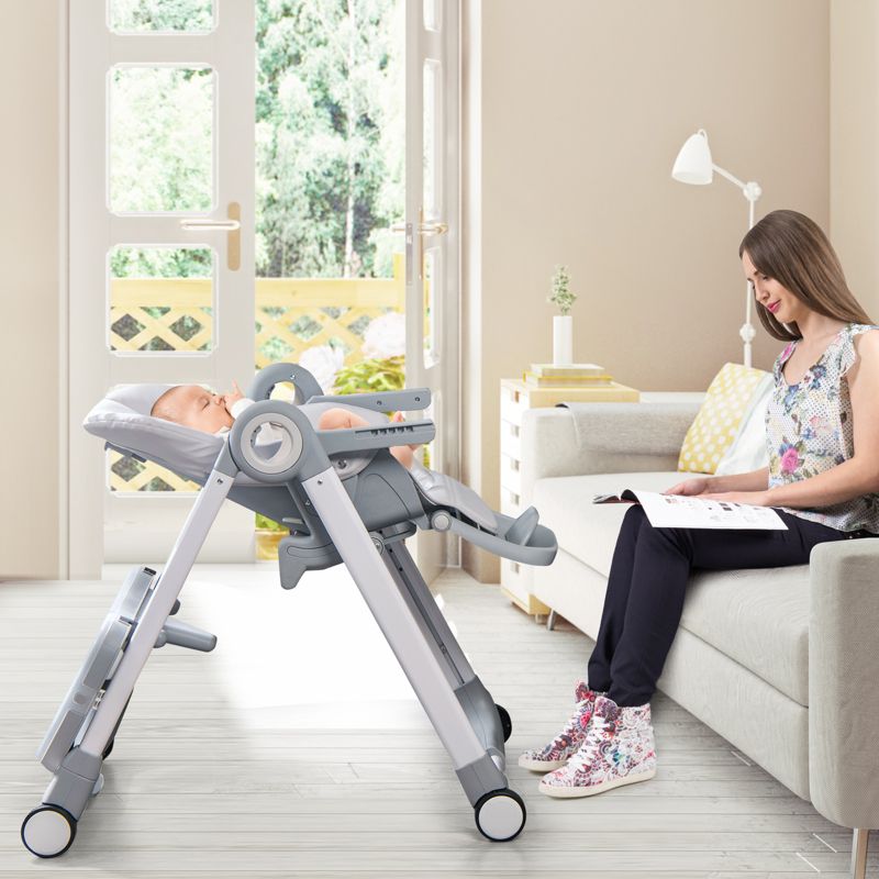 Infans Baby Folding Convertible High Chair w/Wheel Tray Adjustable Height Recline Grey, 2 of 8