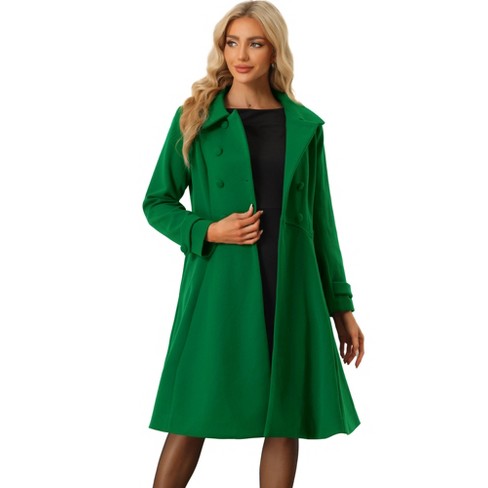 Allegra K Women's Winter Vintage Collared A Line Double Breasted Long  Overcoat Green X-Small