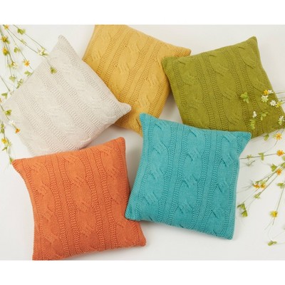 Tangerine Cable Knit Cotton Square Throw Pillow