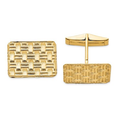 Black Bow Jewelry 14K Yellow Gold Basketweave Rectangle Cuff Links, 19 x 14mm