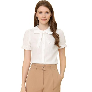 INSPIRE CHIC Women's Vintage Bow Tie Solid Peter Pan Collar Office Button Up Shirt - 1 of 4