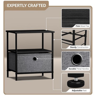 Black Steel Frame Nightstand with Wood Top and Fabric Drawer