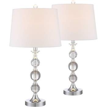 360 Lighting Solange 25" High Modern Glam Luxury Table Lamps Set of 2 Silver Finish Stacked Crystal White Shade Living Room Bedroom Bedside Nightstand