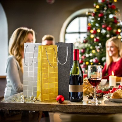 Foiled Glitter Wine Bottle Gift Bags with Rope Handles, 6 Pack
