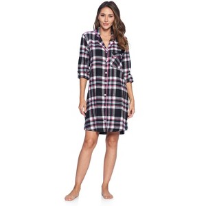 Ashford & Brooks Women's Flannel Plaid Sleep Shirt Button Down Nightgown - 1 of 4
