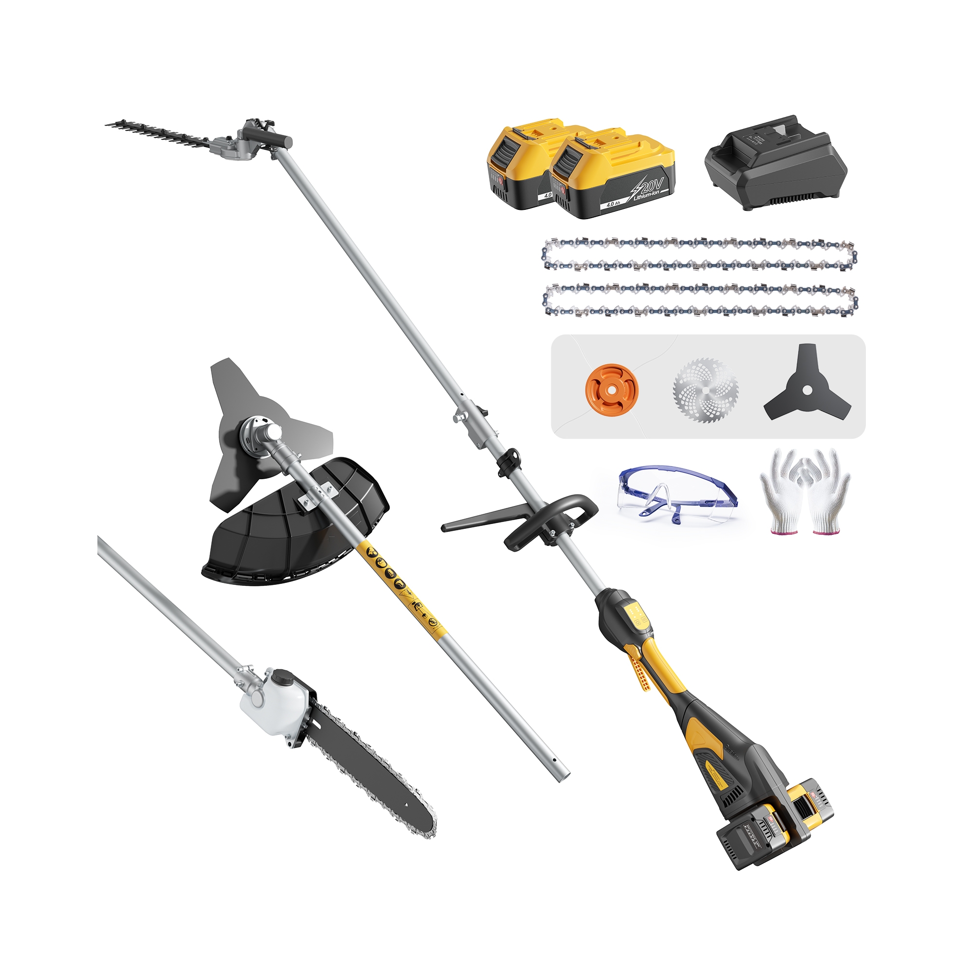 SUGIFT Cordless 4-in-1 Electric Brush Cutter, String Trimmer, Pole Saw & Hedge Trimmer with 2× 4.0Ah Batteries and Charger, 40V Max Power