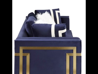 80" Blue Velvet Loveseat with Gold Metal Trim