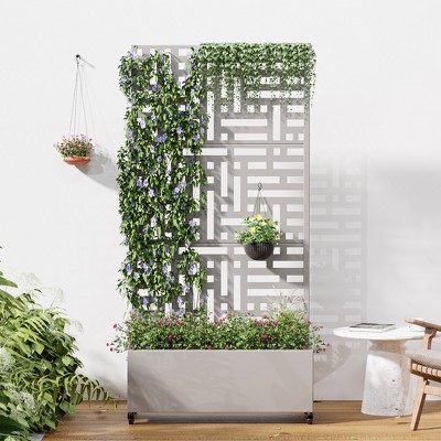 Wooakway 72"H Metal Planter Box with Trellis Raised Garden Bed with Arbor Privacy Screen with Wheels