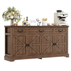 Dyonery 65" Large Buffet Storage Cabinet, Farmhouse Kitchen Sideboard Buffet with 3 Drawers and 4 Doors, Coffee Wine Bar Cabinet with Storage, Walnut - 1 of 4