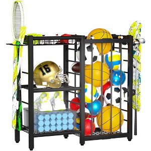 MOEPISY Ball Storage Rack with Elastic Straps, Garage Sports Organizer Storage Cart with Hooks, Black - 1 of 4