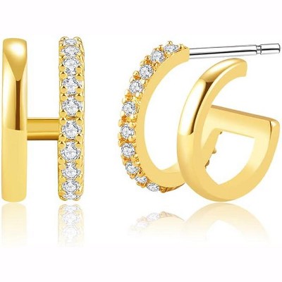 14K Gold Plated Triple Huggie Illusion Stud Earrings | Double Huggie Hoop Earrings for One Hole | Gold Hoop Earrings for Women