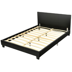 Costway Queen Upholstered Platform Bed Frame with Linen/PU Headboard Wood Slat Gray/Black - 1 of 4