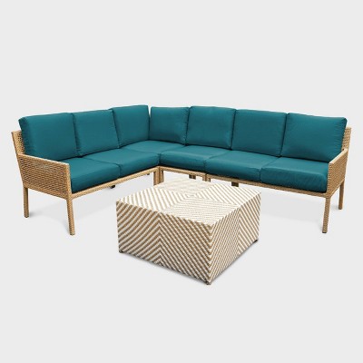 Leisure Made Riviera 5pc Wicker Sectional in Peacock Fabric