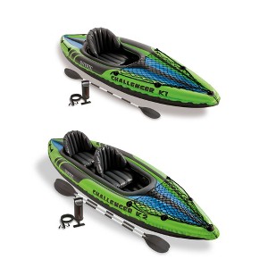 Intex 1 Person Inflatable Kayak with a 86 Inch Oar and a 2 Person Inflatable Kayak with 84 Inch Oars and Hand Pump for Lakes and Mild Rivers - 1 of 4