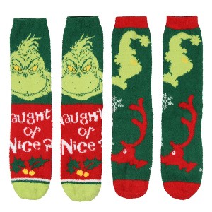 Dr. Seuss GRINCH Naughty Or Nice Christmas Adult Fuzzy Plush Crew Socks 2 Pack For Women Men Multicoloured - 1 of 4