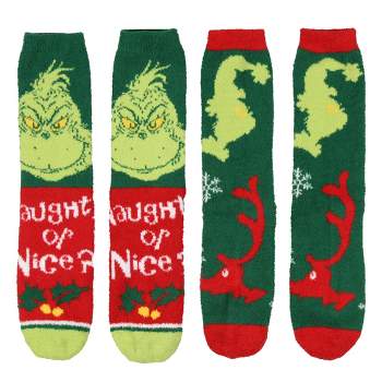 Dr. Seuss The Grinch Naughty Or Nice Christmas Adult Fuzzy Plush Crew Socks 2 Pack Multicoloured