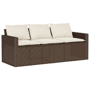 vidaXL Patio Sofa with Cushions - 3-Seater Brown Poly Rattan Outdoor Garden Furniture - 69.7" W x 27.6" D x 26.8" H - Removable and Washable Covers - 1 of 4