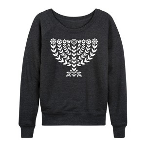 Women's - Instant Message - Floral Menorah Lightweight French Terry Wide Neck Long Sleeve Graphic Shirt - 1 of 4