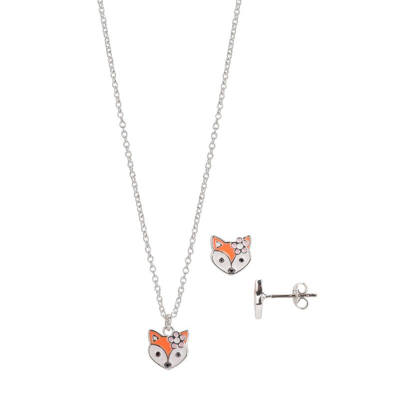 FAO Schwarz Silver Tone Fox Necklace and Earring Set, 1 of 3