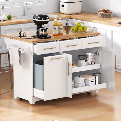 LOVSON 59.3'' kitchen island with storage, equipped with 2 pull-out cabinets, trash bin and power outlet, suitable for kitchens,dining rooms, white