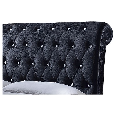 Elegant Black Velvet Queen Platform Bed with Crystal-Button Tufting