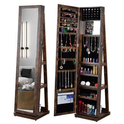 360° Swivel Jewelry Cabinet, Rotatable Full Length Mirror With Jewelry Storage, Lockable Standing Jewelry Armoire Organizer
