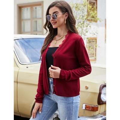 Womens Cardigan Lace Trim V Neck Long Sleeve Knit Cardigan Sweater Tops